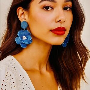 Vintage Camellia Fabric Flower Earrings – Elegant Denim-Inspired Statement Pair